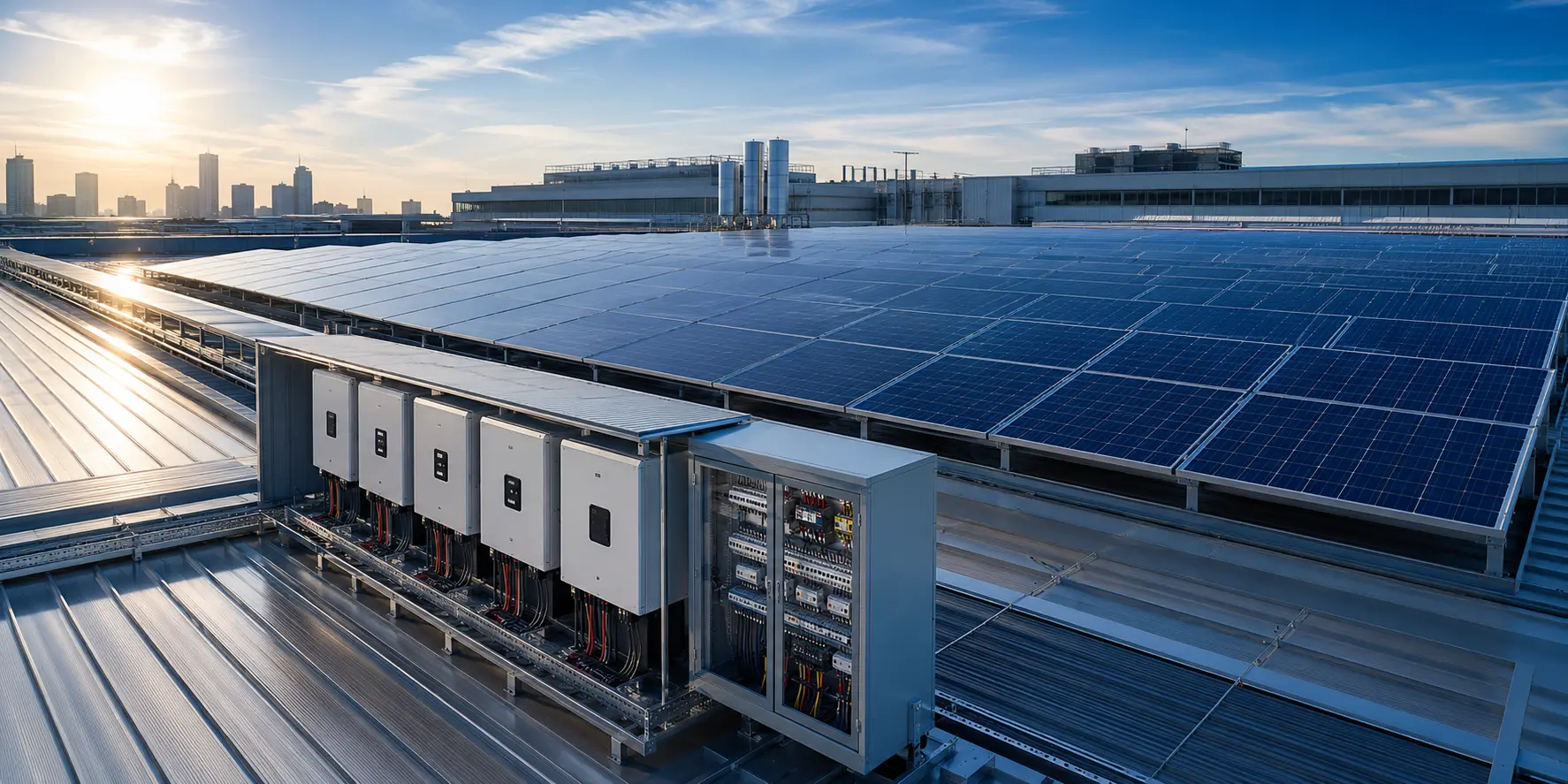Güneş Paneli Projelendirme ve Uygulama Endüstriyel çatı güneş enerji sisteminde ölçüm ve devreye alma yapan CSR Elektrik ekibi