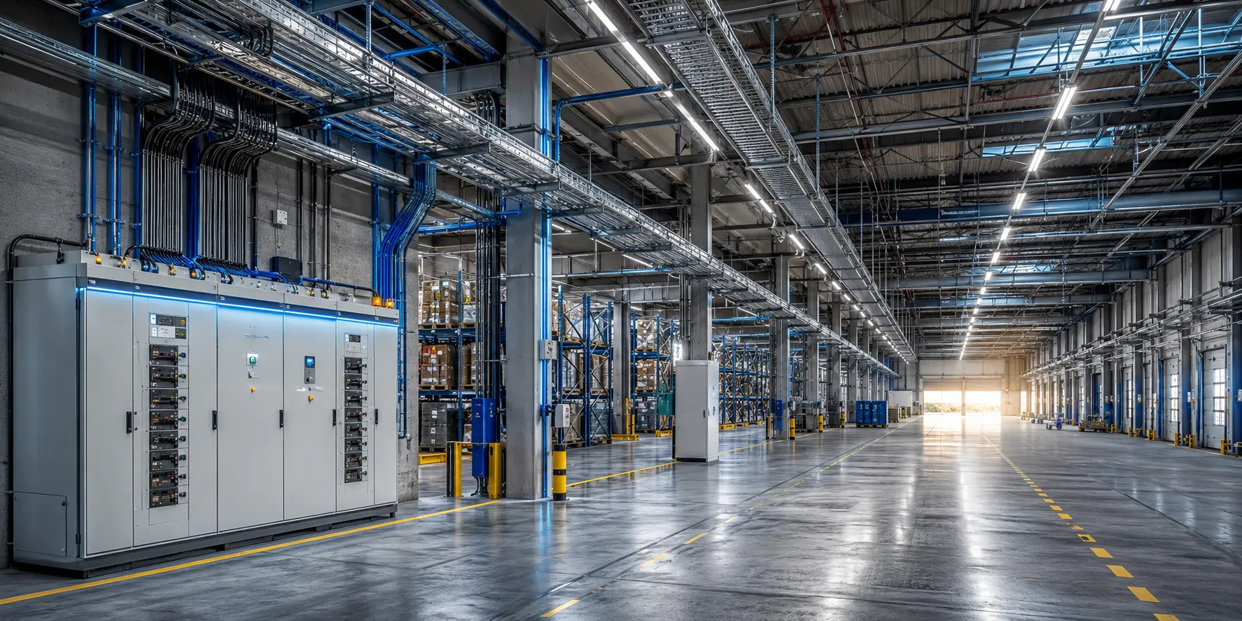 Hangar, Depo ve Antrepo Elektrik Sistemleri Uygulamaları Modern depo ve antrepoda elektrik panosu, kablo tavaları ve endüstriyel LED aydınlatma sistemleri